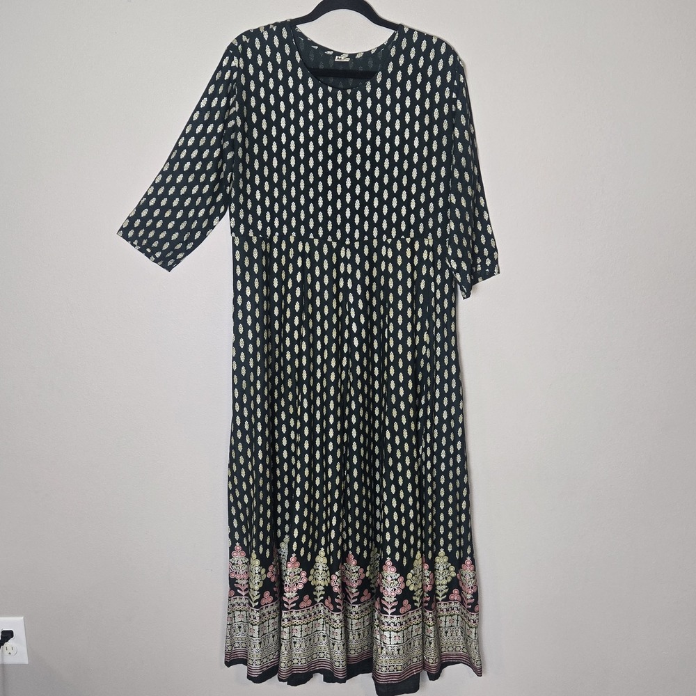 Indian Women Green Metalic Gold Floral Print Flared Kurta Kurti Long Dress Sz L